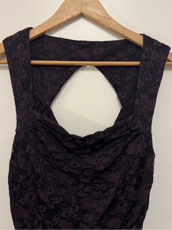 Free People Burgundy and Black Lace Mini Dress Ruched Sides Key Hole Back Med - Picture 5 of 12